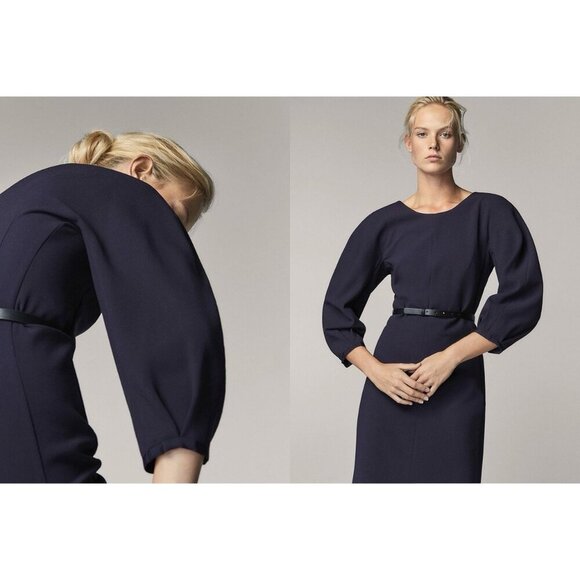 Massimo Dutti Navy Midi Dress Puff Sleeve Old Money Office Siren Womens Size 6 - Picture 3 of 16